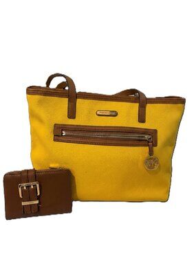 MICHAEL KORS 2-Piece JET SET  Yellow Canvas Tote + Brown Pebbled Leather Wallet